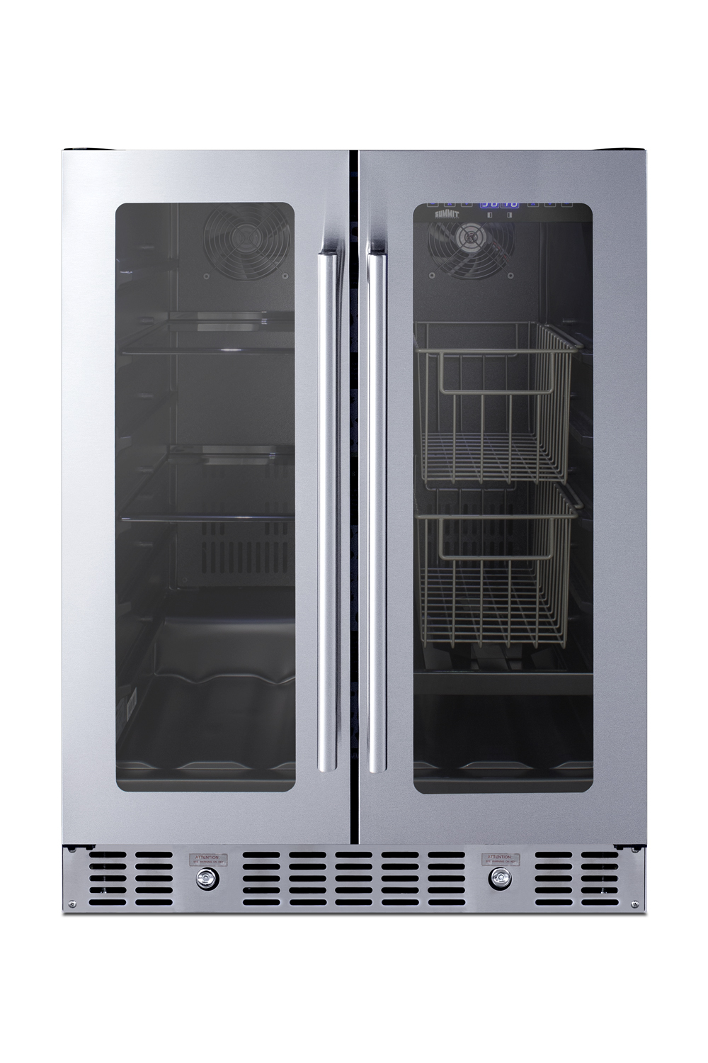 ADA compliant built-in or freestanding dual zone produce and beverage refrigerator with seamless stainless steel trimmed French doors, digital controls, and a stainless steel wrapped cabinet